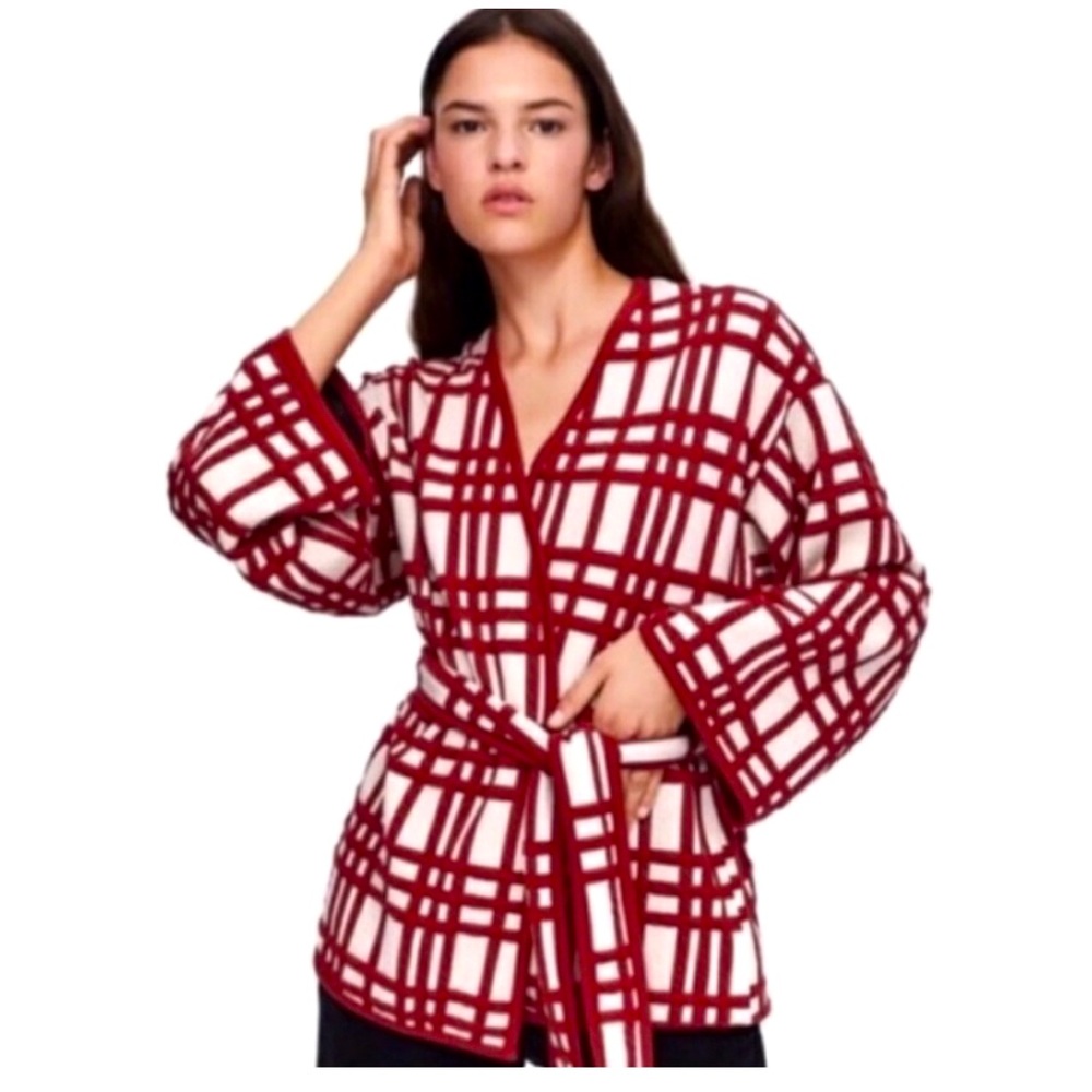 Zara Belted Kimono Quilted piped plaid wrap coat red & ivory L